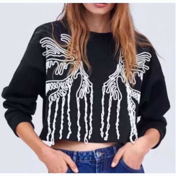 Zara Women Macrame Cropped Sweatshirt Sz Medium Black Boho Festival Southwestern - Picture 1 of 7